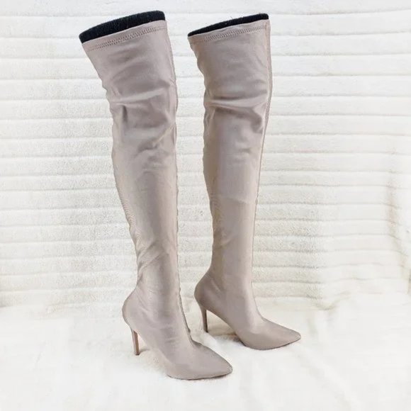 ☆ Cape Robbin Tan Stretch Spandex Pointy Toe OTK Thigh Boot High Heels - Picture 2 of 9